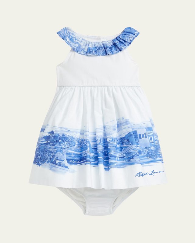 Girl's Seaside-Print Dress W/ Bloomers, Size 9M-24